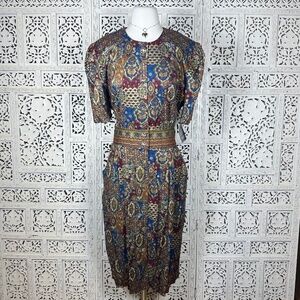 Vtg Retro Boho Positive Attitude Button Up Cinched Waist Short Puff Sleeve Dress